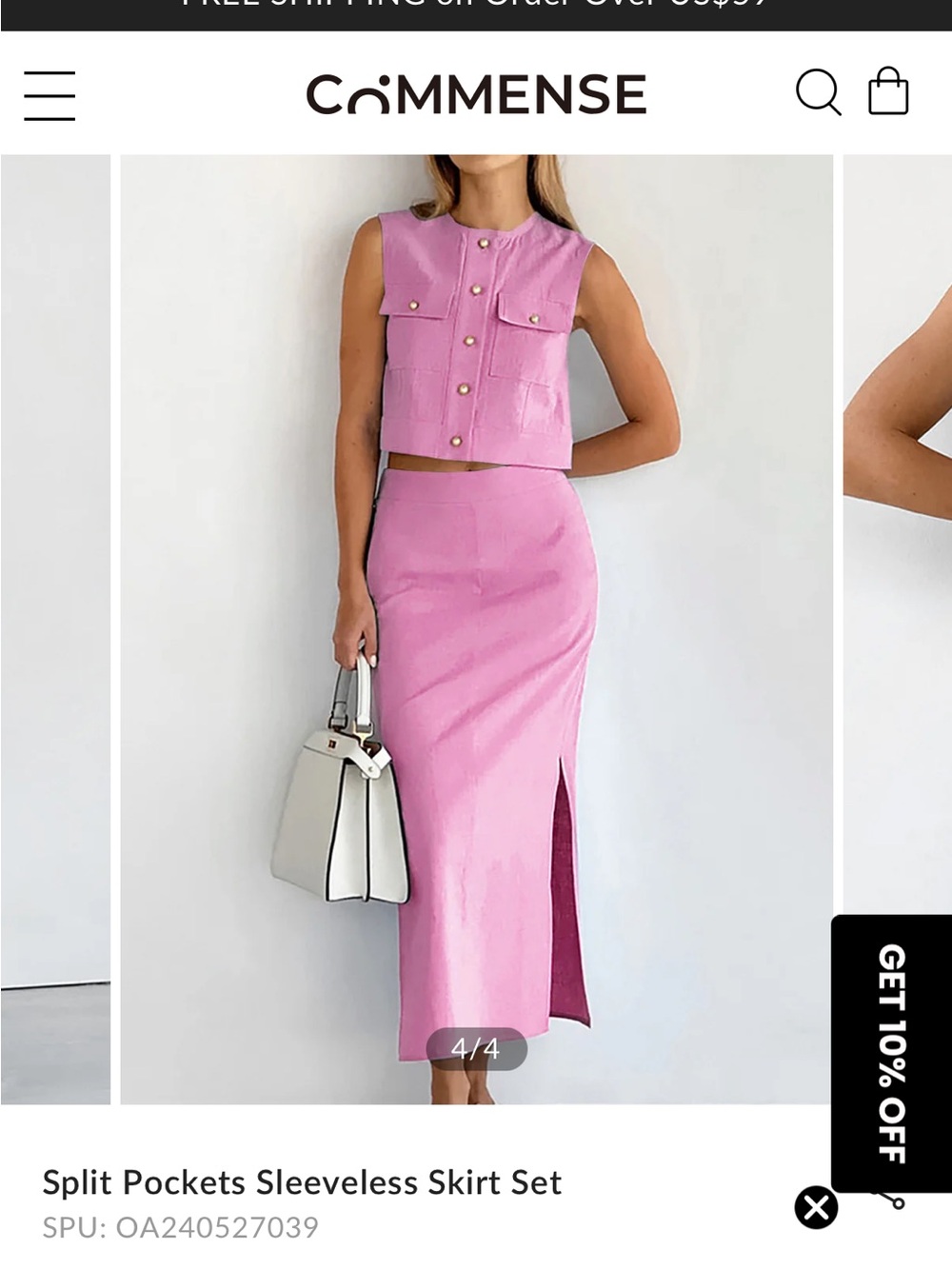 Commense Pink Midi Skirt and top set with Side Slit